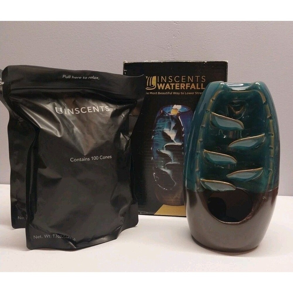 InScents Backflow Waterfall Incense Burner Ceramic Holder w/ 200 Cones Boxed